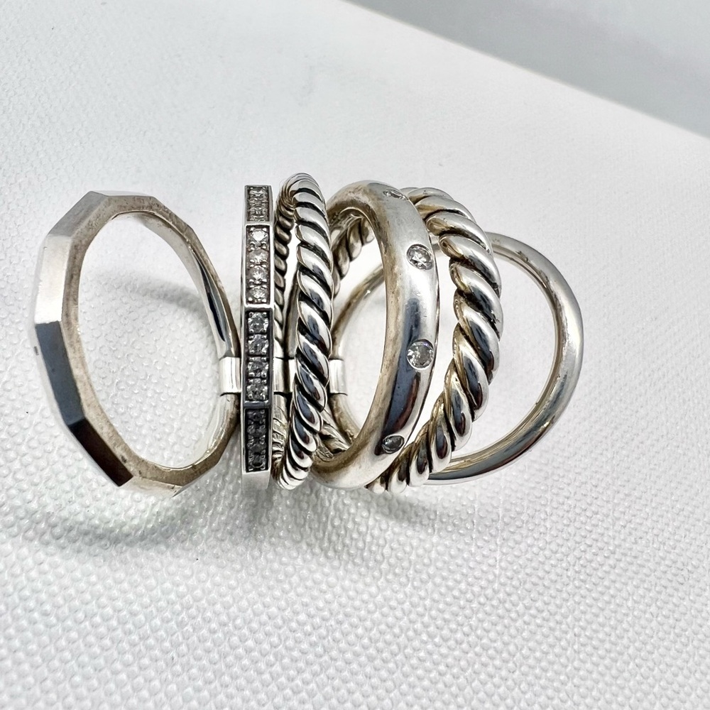 David Yurman Sterling Silver Pave Diamond Stax Six Row Band Ring - Picture 8 of 11